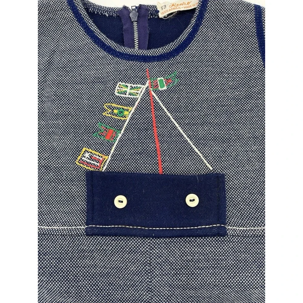 Vtg 60s 70s Renzo Italy Toddler Knit Romper Blue White Sailboat Sz T3